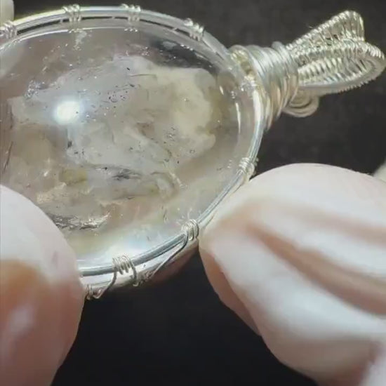 Rare Found! Polished Enhydro Quartz (Herkimer Diamond) Wire Wrapped Pendant Adjustable Necklace: Moving White Sand & Bubble Inclusion