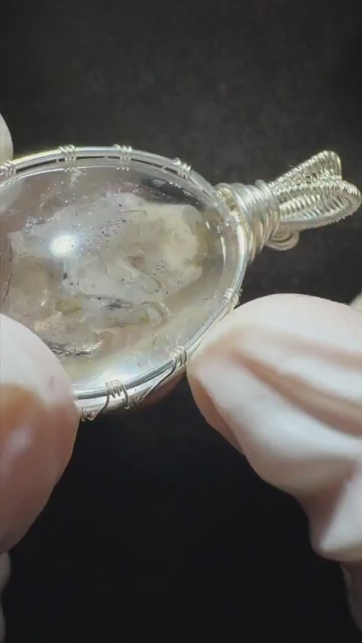 Rare Found! Polished Enhydro Quartz (Herkimer Diamond) Wire Wrapped Pendant Adjustable Necklace: Moving White Sand & Bubble Inclusion