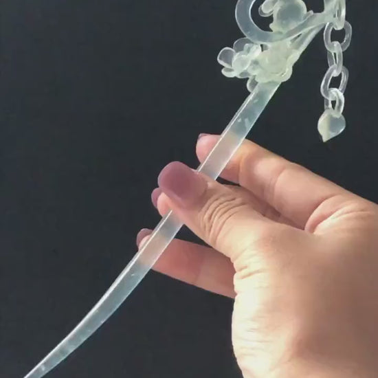 Xiu Jade Serpentine Hand Carved Bunny Hair Pin with Dangle | Rabbits in Love | Certified Icy White Jade Hair Stick