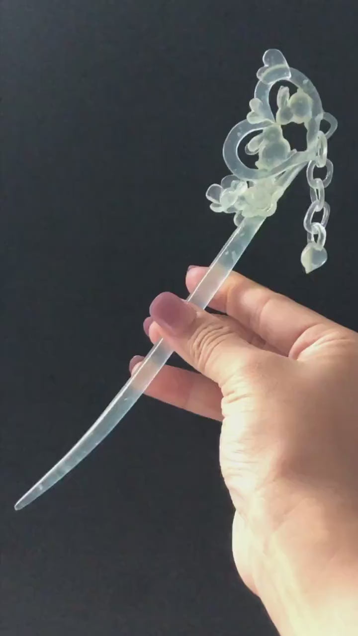 Xiu Jade Serpentine Hand Carved Bunny Hair Pin with Dangle | Rabbits in Love | Certified Icy White Jade Hair Stick