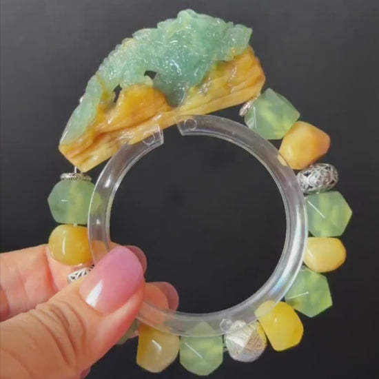 Xiu Jade Dragon Hand Carved Charm Bead Stretched Elastic Bracelet: Natural Ice Green Yellow Serpentine Jade Carving & Vintage Tibetan Silver