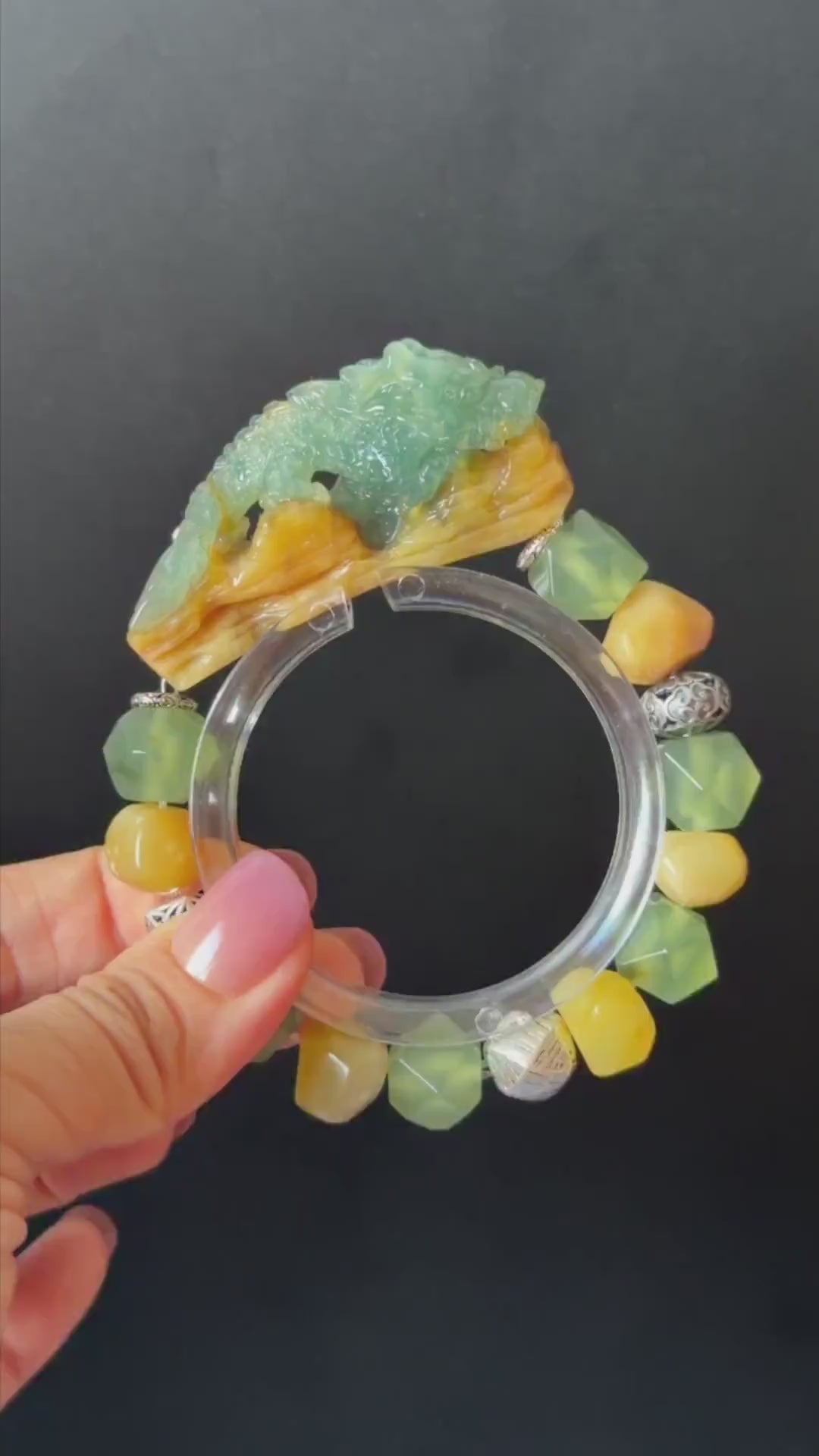 Xiu Jade Dragon Hand Carved Charm Bead Stretched Elastic Bracelet: Natural Ice Green Yellow Serpentine Jade Carving & Vintage Tibetan Silver