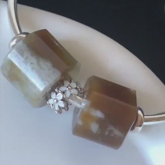 Natural Nephrite Jade Bead  S925 Silver Flexible Open Bangle | Untreated White Jade Brown Jade Charm Bracelet Gift | Milk Coffee Latte Beads