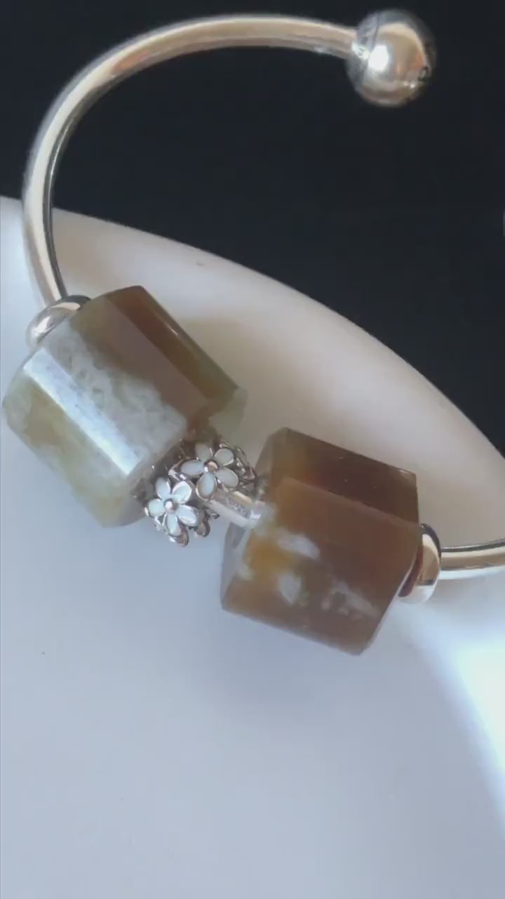 Natural Nephrite Jade Bead  S925 Silver Flexible Open Bangle | Untreated White Jade Brown Jade Charm Bracelet Gift | Milk Coffee Latte Beads