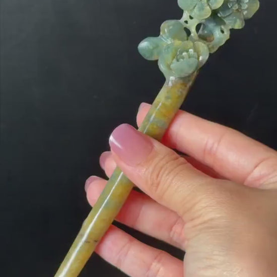 Xiu Jade Serpentine Hand Carved Plum Blossom Flower Hair Pin: Natural Yellow Green Jade Hair Stick 3D stone carving Hanfu Hair Jewelry