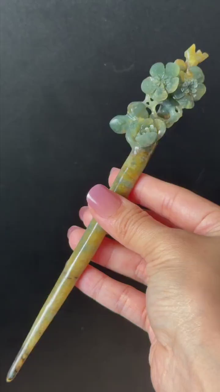 Xiu Jade Serpentine Hand Carved Plum Blossom Flower Hair Pin: Natural Yellow Green Jade Hair Stick 3D stone carving Hanfu Hair Jewelry