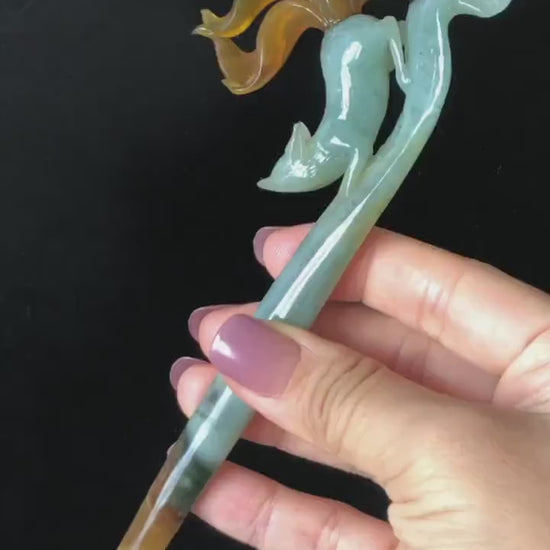 Certified Natural Xiu Jade Serpentine Hand Carved Bi-color Nine Tailed Fox Hair Pin | Greenish Blue & Caramel Brown Jade