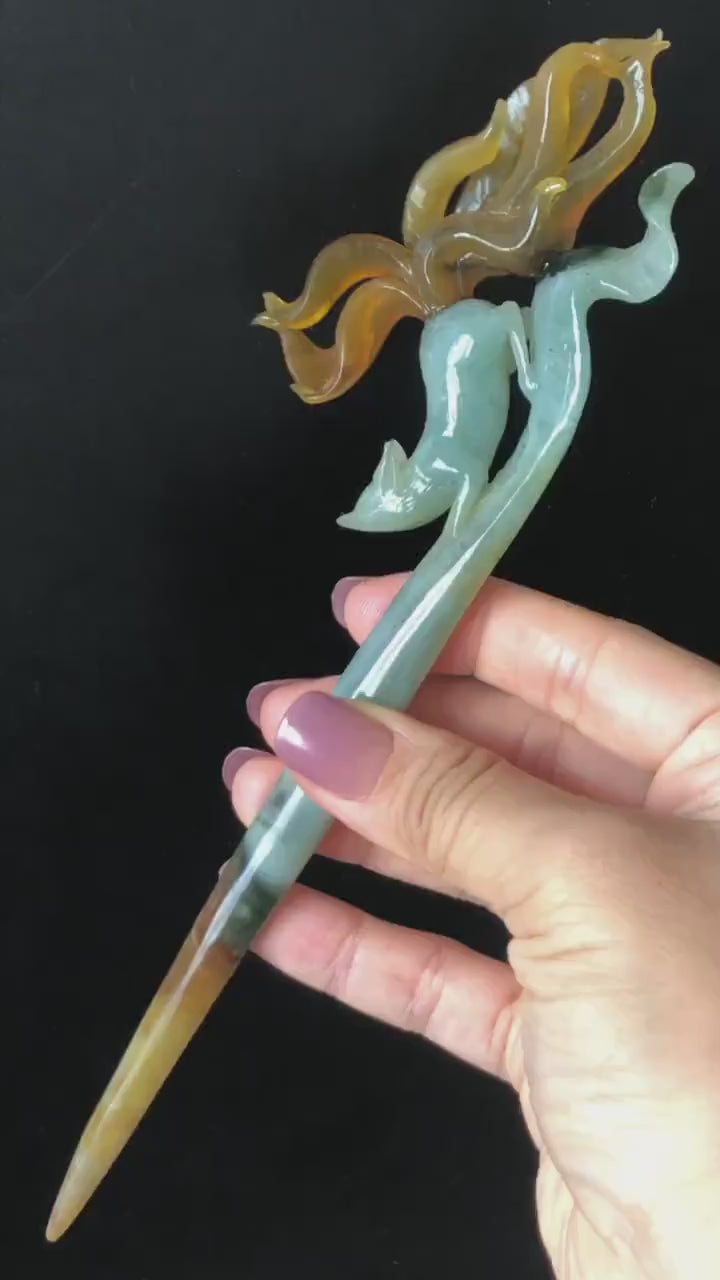 Certified Natural Xiu Jade Serpentine Hand Carved Bi-color Nine Tailed Fox Hair Pin | Greenish Blue & Caramel Brown Jade