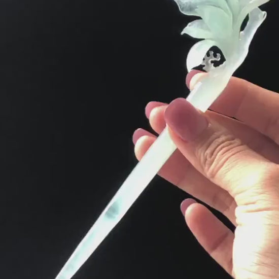 Certified Xiu Jade Serpentine Hand Carved Frosty Blue Yulan Flower Hair Pin, Ice Blue Jade Hair Stick, Wedding Headpiece Hair accessories