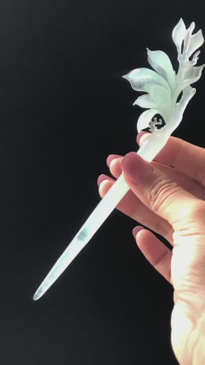 Certified Xiu Jade Serpentine Hand Carved Frosty Blue Yulan Flower Hair Pin, Ice Blue Jade Hair Stick, Wedding Headpiece Hair accessories