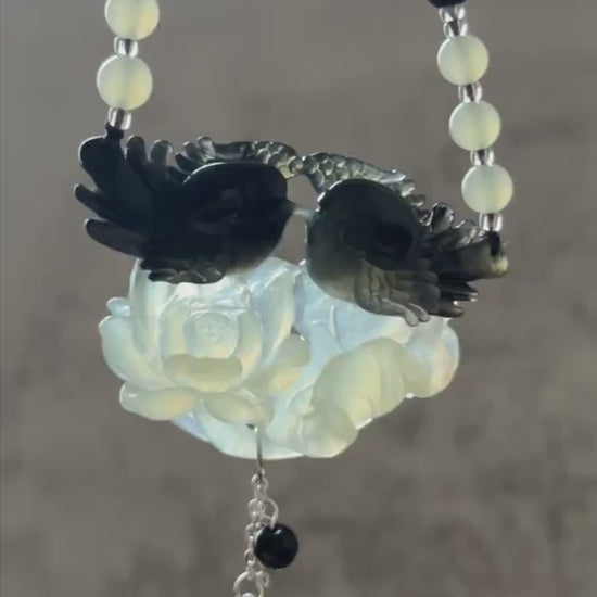 Xiu Jade Magpie Birds and Lotus Flower Hand Carved Pendant Necklace Choker: Certified Natural Serpentine Black White Jade Handcrafted Charm
