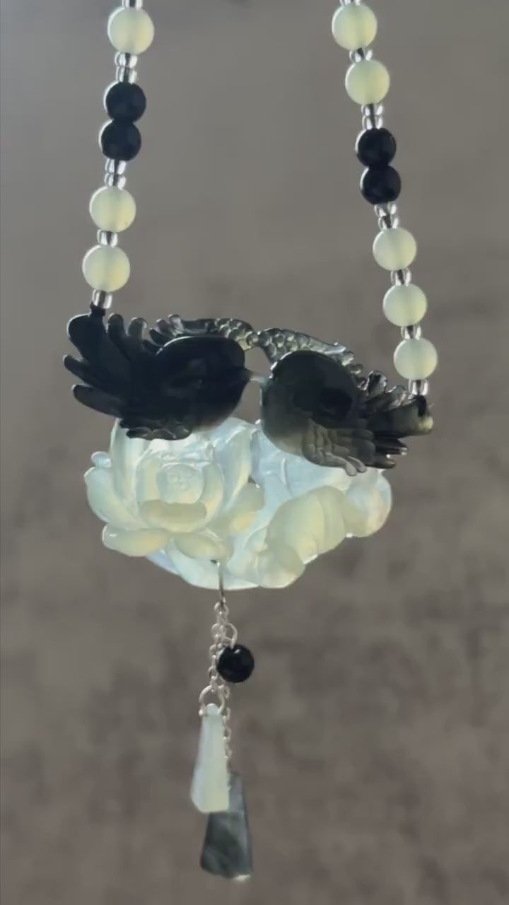 Xiu Jade Magpie Birds and Lotus Flower Hand Carved Pendant Necklace Choker: Certified Natural Serpentine Black White Jade Handcrafted Charm