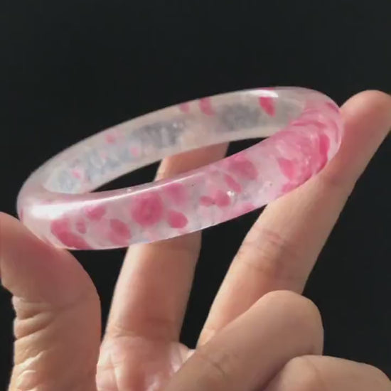 60.4mm Premium Ultra-rare Natural Icy Rhodonite Crystal Gemstone Bangle: Cherry Blossom Flowers, Sakura Rain, Plum Blossom, Healing Stone