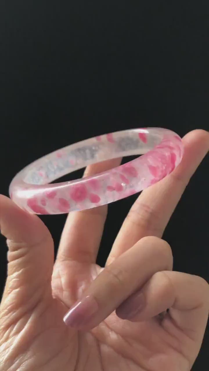 60.4mm Premium Ultra-rare Natural Icy Rhodonite Crystal Gemstone Bangle: Cherry Blossom Flowers, Sakura Rain, Plum Blossom, Healing Stone