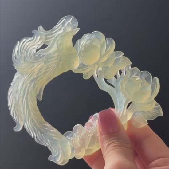 Xiu Jade Serpentine Hand Carved Phoenix & Peony Hair Pin: Certified Natural Ice Green Jade Handcrafted Hair Stick, Vintage Hanfu Hair Fork
