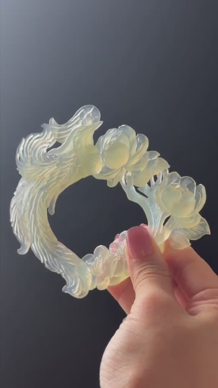 Xiu Jade Serpentine Hand Carved Phoenix & Peony Hair Pin: Certified Natural Ice Green Jade Handcrafted Hair Stick, Vintage Hanfu Hair Fork
