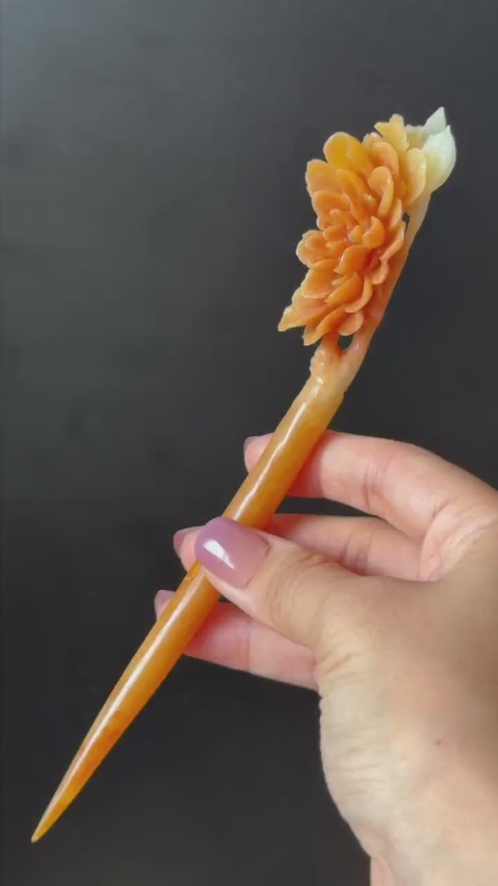 Xiu Jade Serpentine Hand Carved Peony Flower Hair Stick: Natural Untreated Bicolor White Red Jade Hairpin, Vintage Hanfu Hair Jewelry