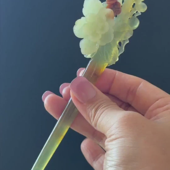 Xiu Jade Peach Blossom Flower Hand Carved Hair Pin: Certified Natural Serpentine Orange White Green Jade Handcrafted Hanfu Hair Stick