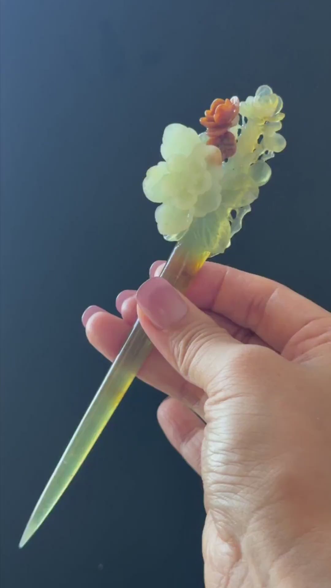 Xiu Jade Peach Blossom Flower Hand Carved Hair Pin: Certified Natural Serpentine Orange White Green Jade Handcrafted Hanfu Hair Stick