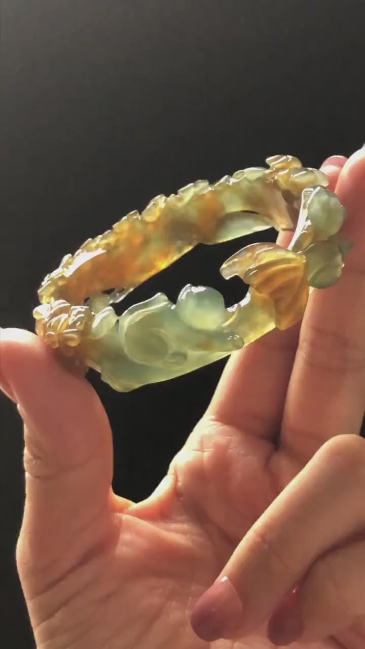 52.5mm Xiu Jade Serpentine Hand Carved Kitten Cat with Butterfly Bangle: Natural Yellow Greenish Blue Jade Handcrafted Bracelet