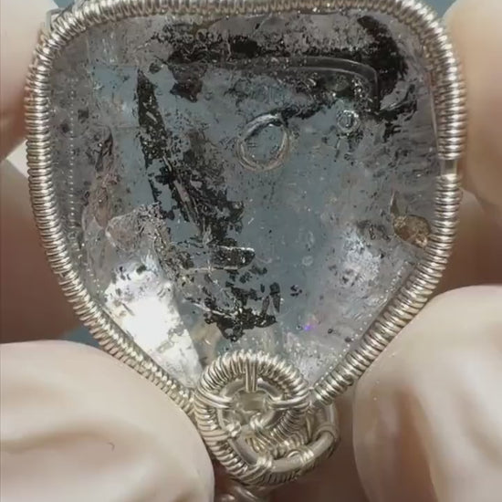 Rare Polished Enhydro Quartz (Herkimer Diamond) Small Pendant Necklace: Flowing Ink-like Black Sand Waterfall & Clear Bubbles Inclusion