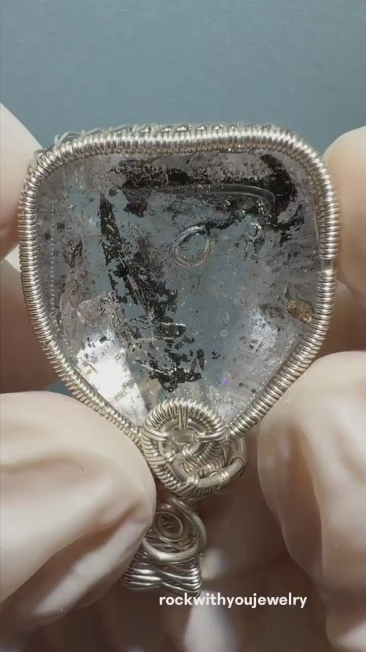 Rare Polished Enhydro Quartz (Herkimer Diamond) Small Pendant Necklace: Flowing Ink-like Black Sand Waterfall & Clear Bubbles Inclusion
