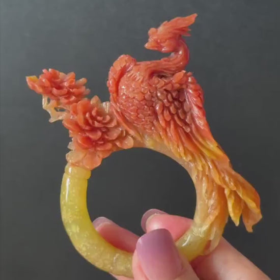 Xiu Jade (Serpentine) Hand Carved Red Fire Phoenix & Peony Hair Pin: Certified Natural Yellow Red Jade Hanfu Hair Stick 3D stone carving