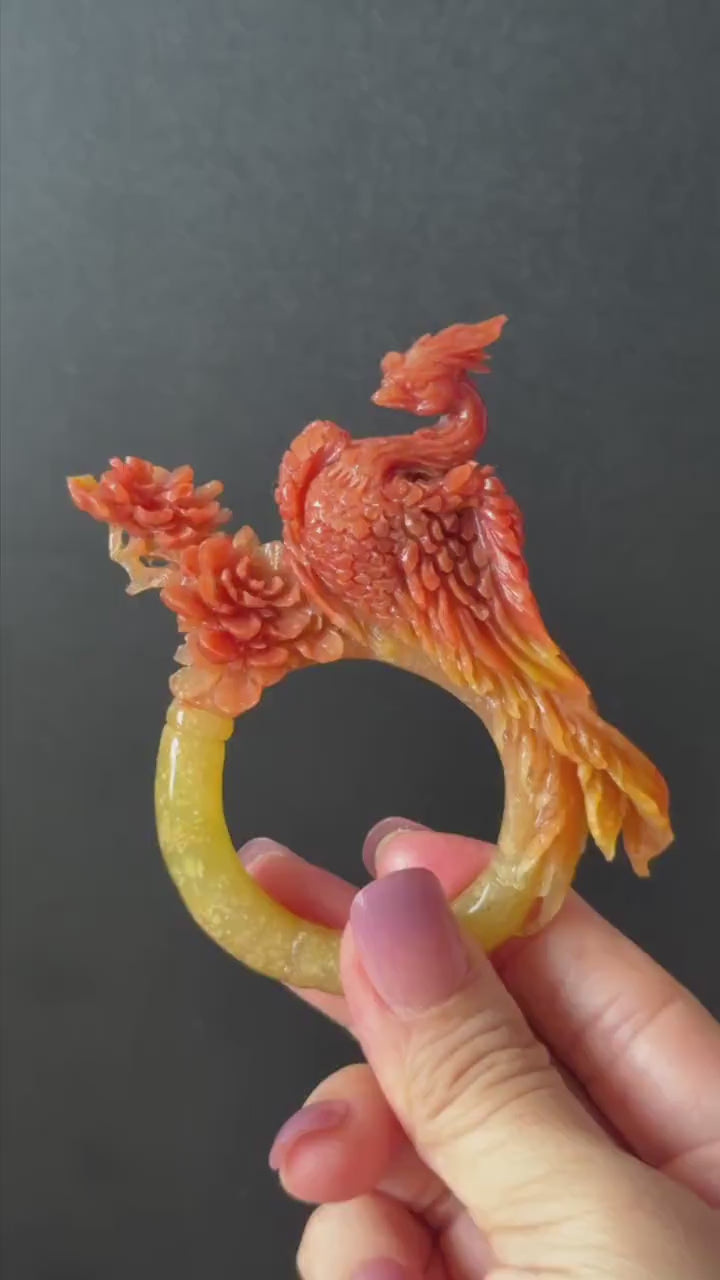 Xiu Jade (Serpentine) Hand Carved Red Fire Phoenix & Peony Hair Pin: Certified Natural Yellow Red Jade Hanfu Hair Stick 3D stone carving