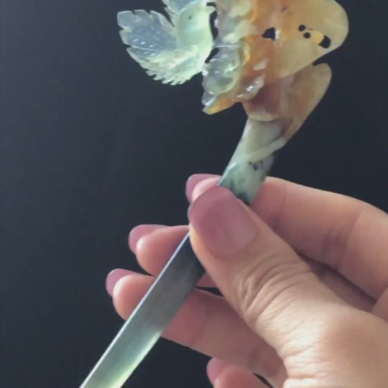Xiu Jade Bird & Flowers Hand Carved Hair Pin: Certificate Natural multicolor Serpentine Yellow Orange White Green Jade Hanfu Hair Stick Gift