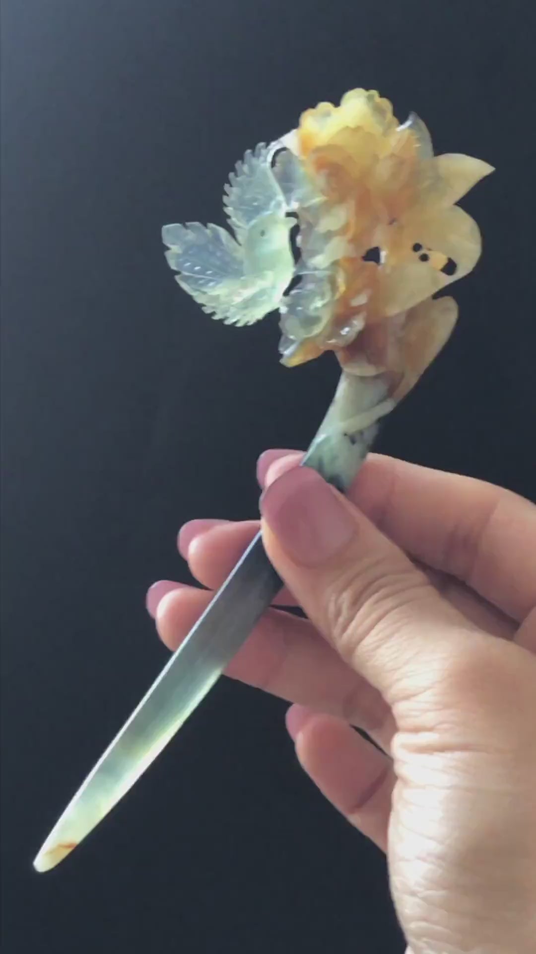 Xiu Jade Bird & Flowers Hand Carved Hair Pin: Certificate Natural multicolor Serpentine Yellow Orange White Green Jade Hanfu Hair Stick Gift