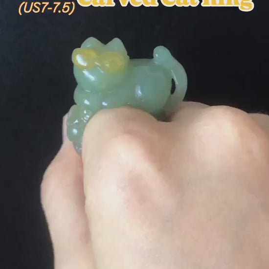 Natural Xiu Jade (Serpentine) Hand Craved Sunglasses Kitten Cat Flowers Ring | Green and Yellow | 17.3mm (US 7-7.5) | Stone Crystal Gemstone