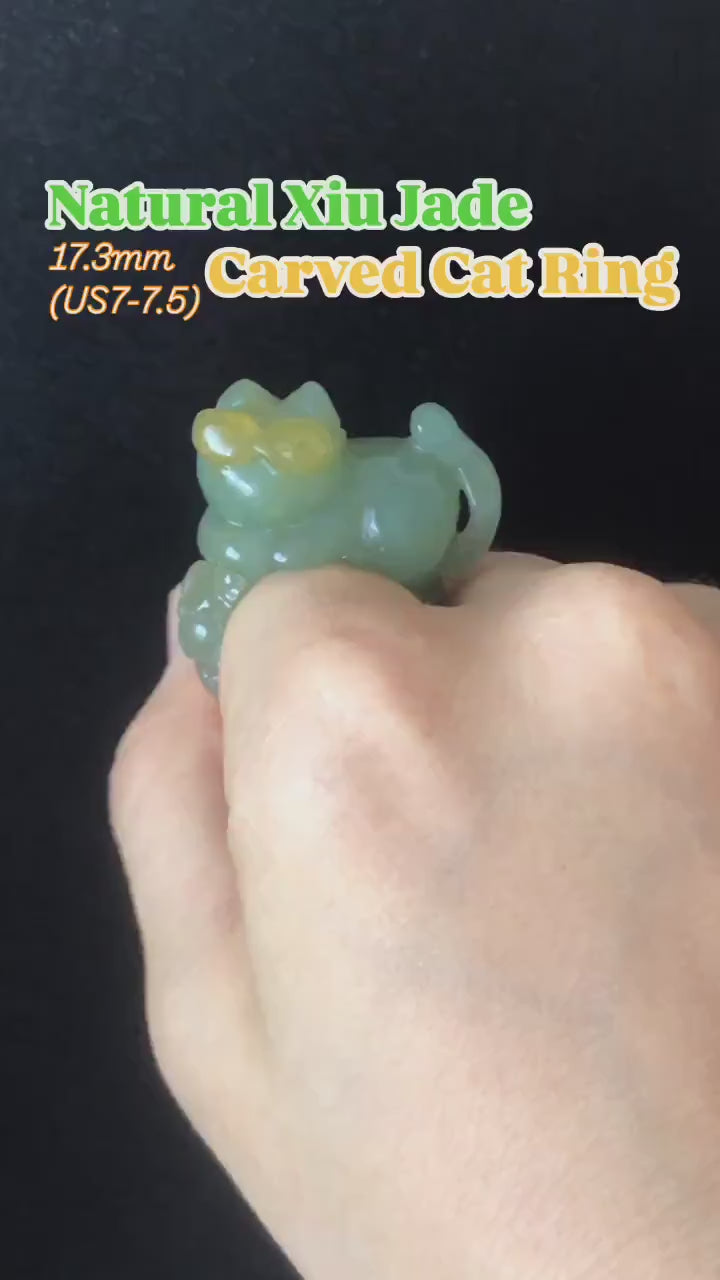 Natural Xiu Jade (Serpentine) Hand Craved Sunglasses Kitten Cat Flowers Ring | Green and Yellow | 17.3mm (US 7-7.5) | Stone Crystal Gemstone