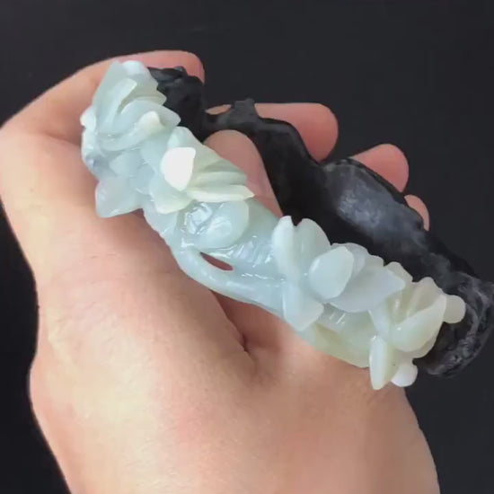 Certificate 56.3mm Natural Xiu Jade (Serpentine) Hand Carved Black Panther in Blue Peach Blossom Bangle | Crystal Stone Bracelet Gemstone