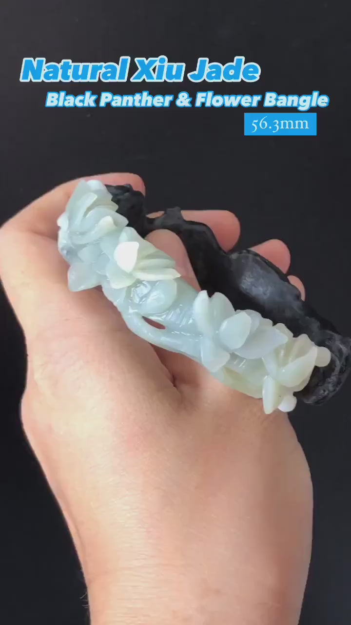 Certificate 56.3mm Natural Xiu Jade (Serpentine) Hand Carved Black Panther in Blue Peach Blossom Bangle | Crystal Stone Bracelet Gemstone