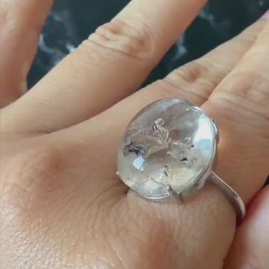 Polished Enhydro Quartz (Herkimer Diamond) S925 Silver Adjustable Ring: Mild Rainbow! Moving Sand and 2 Black Bubble Inclusions Crystal
