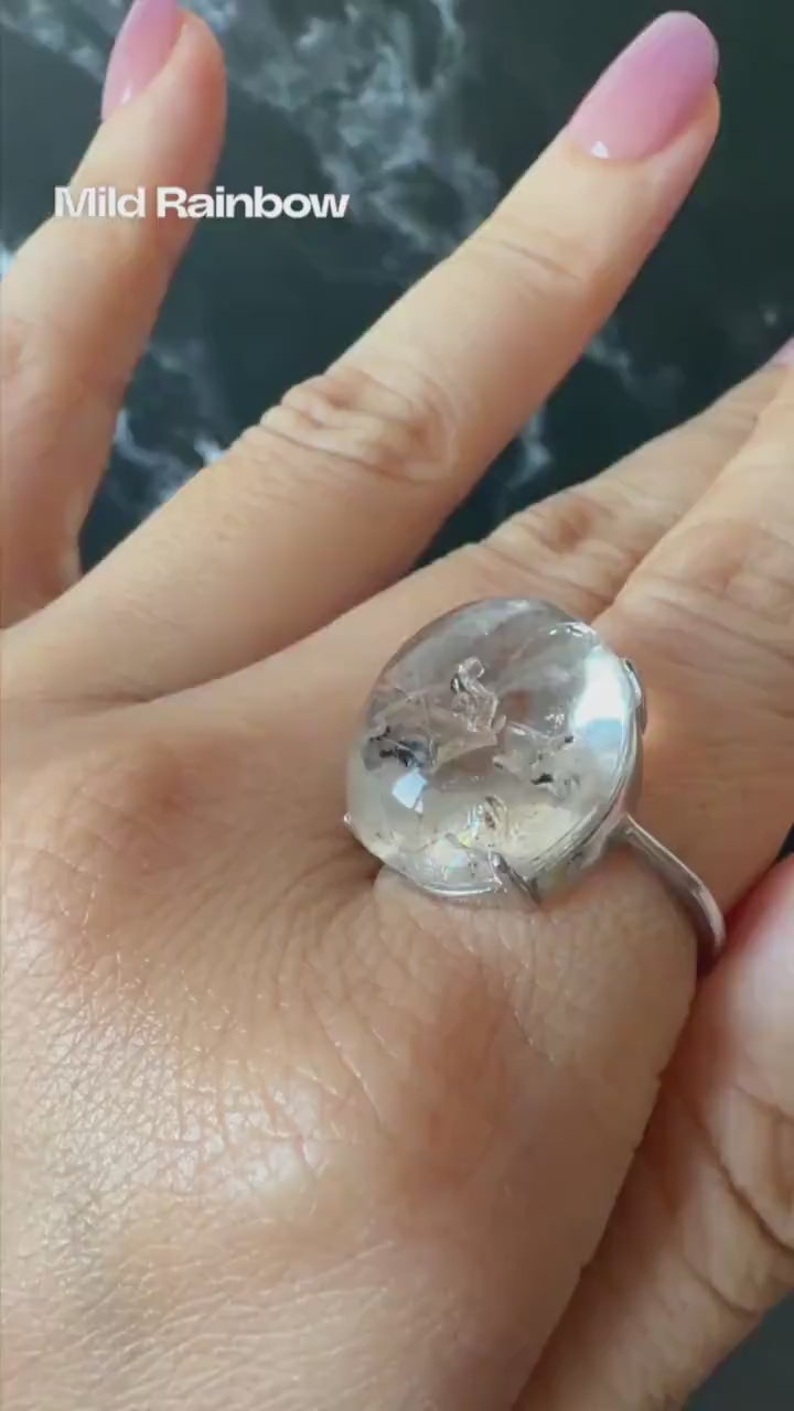 Polished Enhydro Quartz (Herkimer Diamond) S925 Silver Adjustable Ring: Mild Rainbow! Moving Sand and 2 Black Bubble Inclusions Crystal