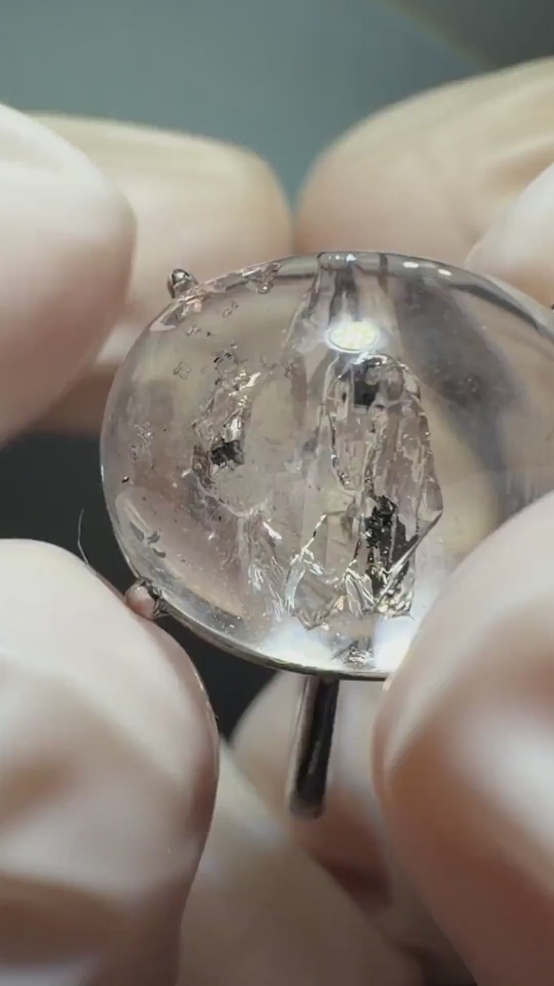 Enhydro Quartz (Herkimer Diamond) S925 Silver Adjustable Ring: Moving Black Tourmaline & Shifting Bubble Inclusion Polished Crystal Ring