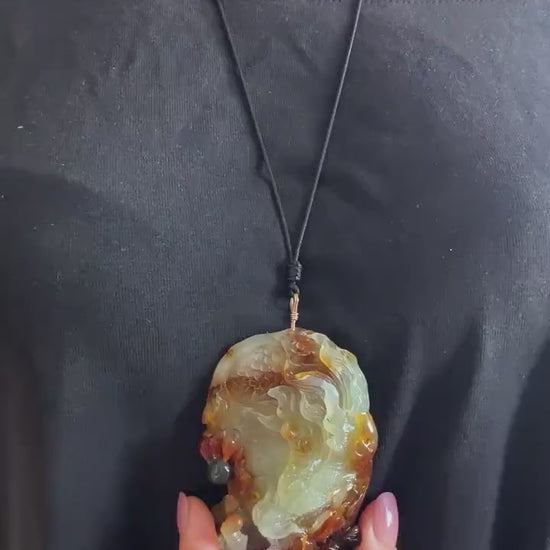 Xiu Jade Dragon Protects Master Hand-Carved Pendant Necklace: Certified Natural Serpentine Multicolour Brown White Green Jade Charm