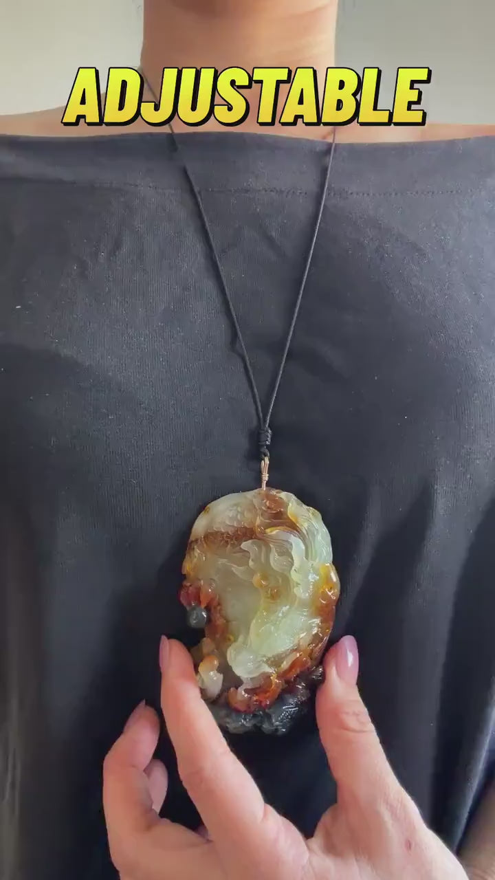 Xiu Jade Dragon Protects Master Hand-Carved Pendant Necklace: Certified Natural Serpentine Multicolour Brown White Green Jade Charm