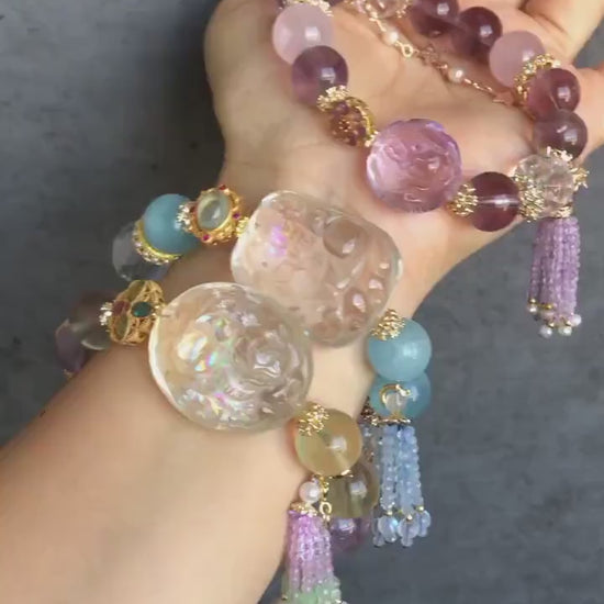 Rainbow Carved Nine-tailed Fox Charm Crystal Bracelets | Amethyst, Aquamarine, Citrine, Rose Quartz, Clear Quartz | Removable Tassel