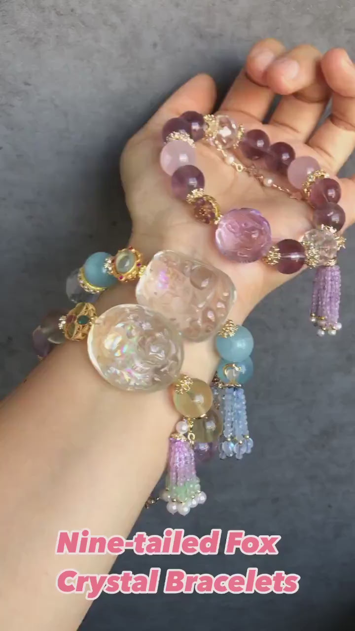 Rainbow Carved Nine-tailed Fox Charm Crystal Bracelets | Amethyst, Aquamarine, Citrine, Rose Quartz, Clear Quartz | Removable Tassel