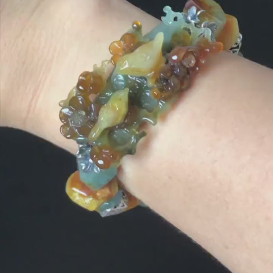 Xiu Jade Magpie Birds Plum Blossom Flower Hand Carved Charm Irregular Bead Stretch Elastic Bracelet: Natural Serpentine Multi colour Jade