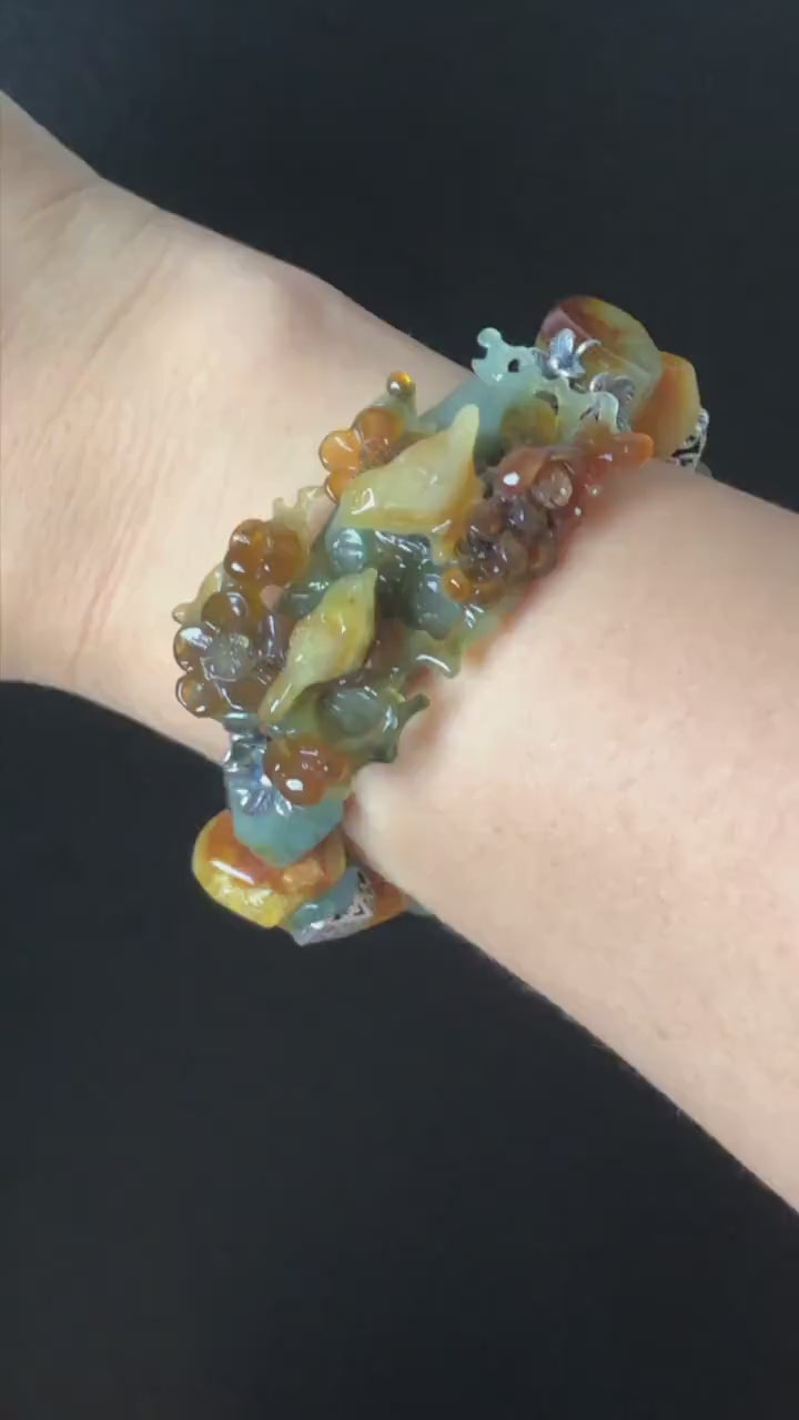 Xiu Jade Magpie Birds Plum Blossom Flower Hand Carved Charm Irregular Bead Stretch Elastic Bracelet: Natural Serpentine Multi colour Jade