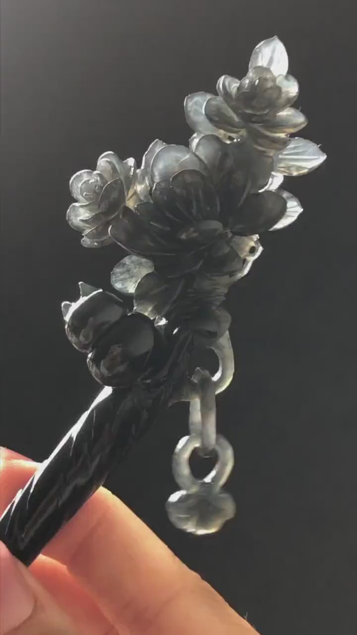 Certified Xiu Jade Serpentine Hand-Carved Cat & Camellia Flower Hair Pin with Dangle | Black Jade Hair Stick