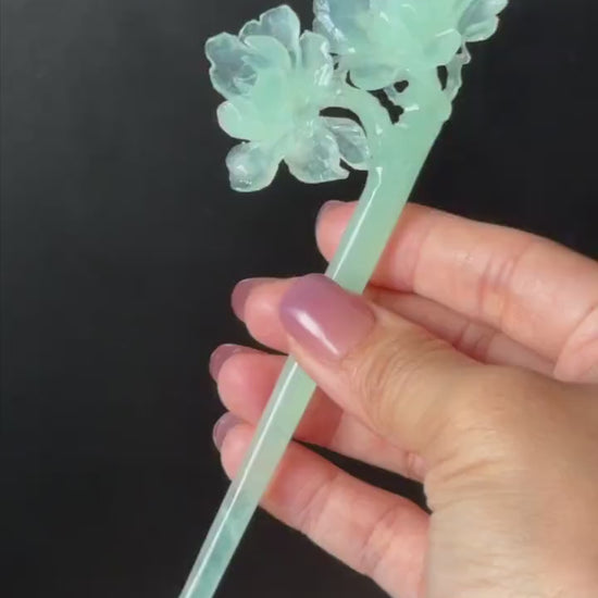 Certified Xiu Jade Serpentine Hand Carved Blue Camellia Flower Hair Pin: Natural Blue Jade Hair Stick for Wedding Headpiece Hair accessories