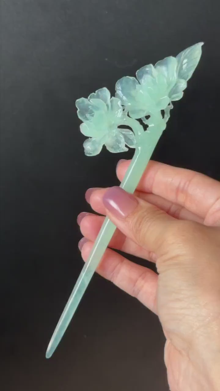 Certified Xiu Jade Serpentine Hand Carved Blue Camellia Flower Hair Pin: Natural Blue Jade Hair Stick for Wedding Headpiece Hair accessories