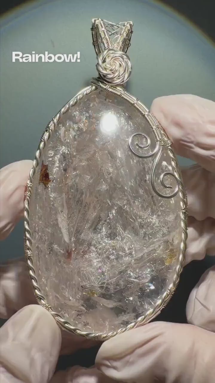Rare Found Polished Enhydro Quartz Pendant Adjustable Necklace: Rainbow Moving Dried Red Sand & Shifting Bubble Inclusion Crystal Palm Stone