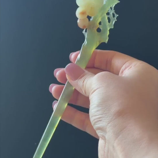 Xiu Jade Plum Blossom Flower Hand Carved Hair Pin: Certified Natural Serpentine Multicolor Orange White Green Jade Handcrafted Hair Stick