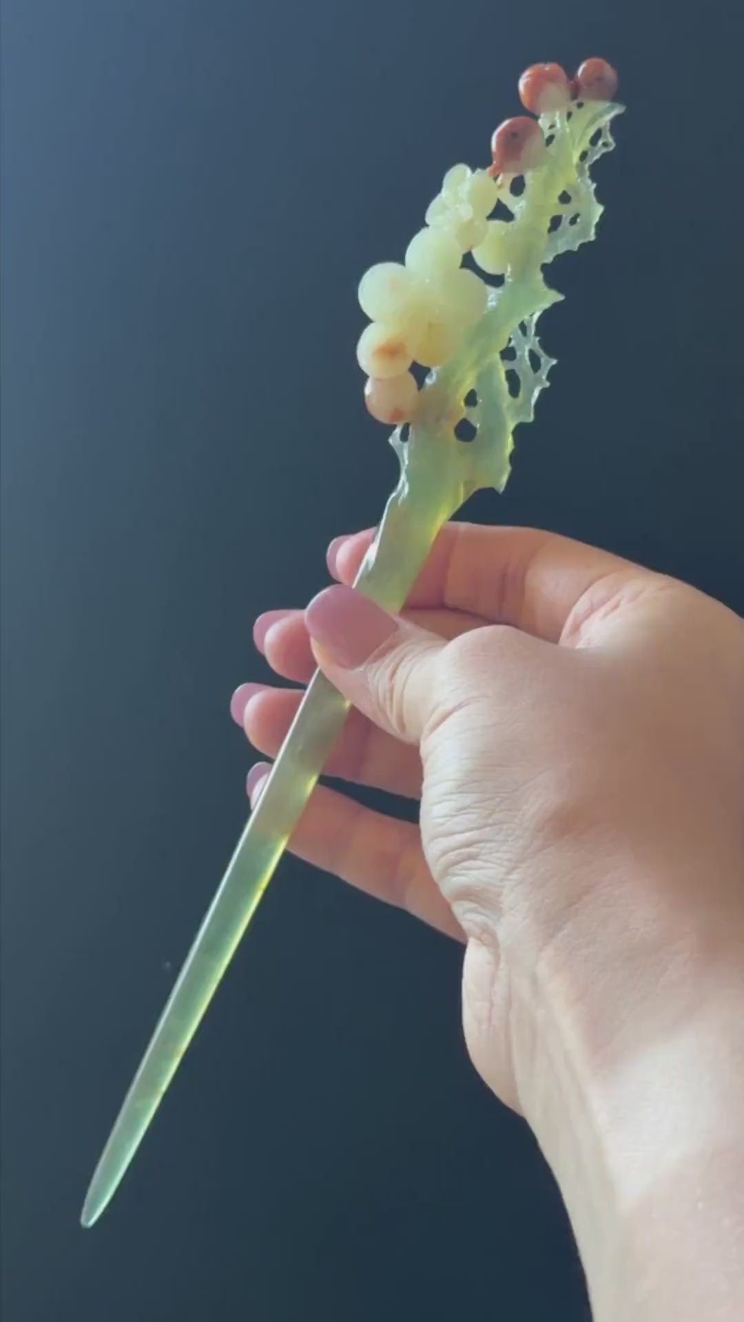 Xiu Jade Plum Blossom Flower Hand Carved Hair Pin: Certified Natural Serpentine Multicolor Orange White Green Jade Handcrafted Hair Stick