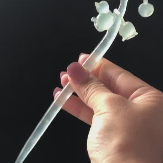 Xiu Jade Serpentine Hand Carved Cat & Flower Hair Pin with Dangle | Certified Ice White Jade Hair Stick